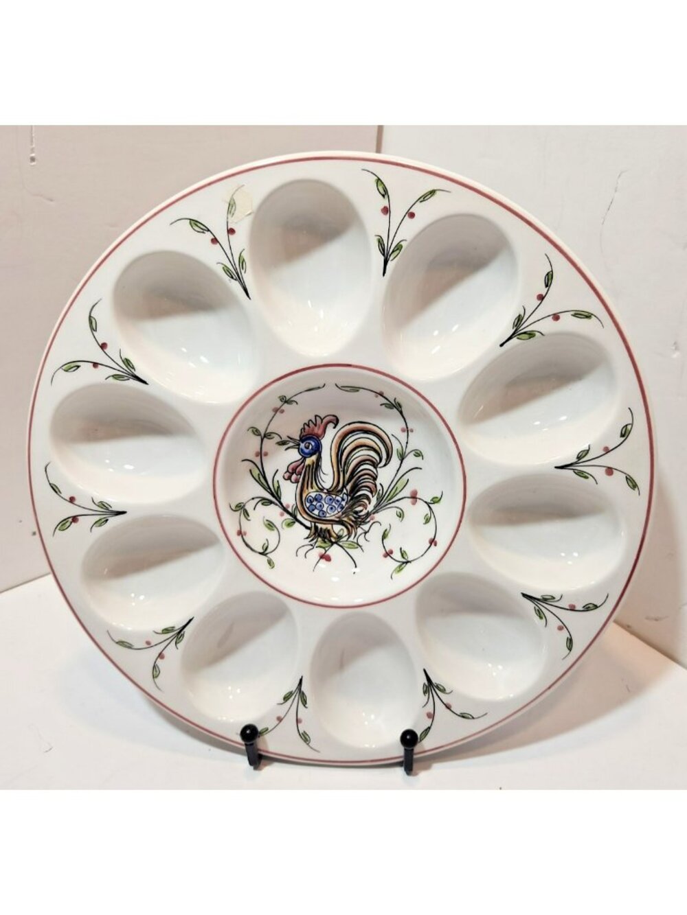 Vintage Ceramic Handpainted Deviled Egg Plate With Rooster Made in Portugal